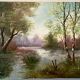Old painting, landscape at the pond, signed Leroux, XX century