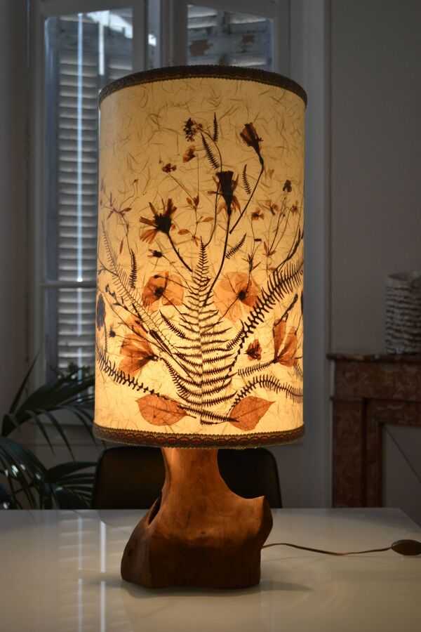 Lampe brutaliste moderniste forme libre 60's bois d'olivier