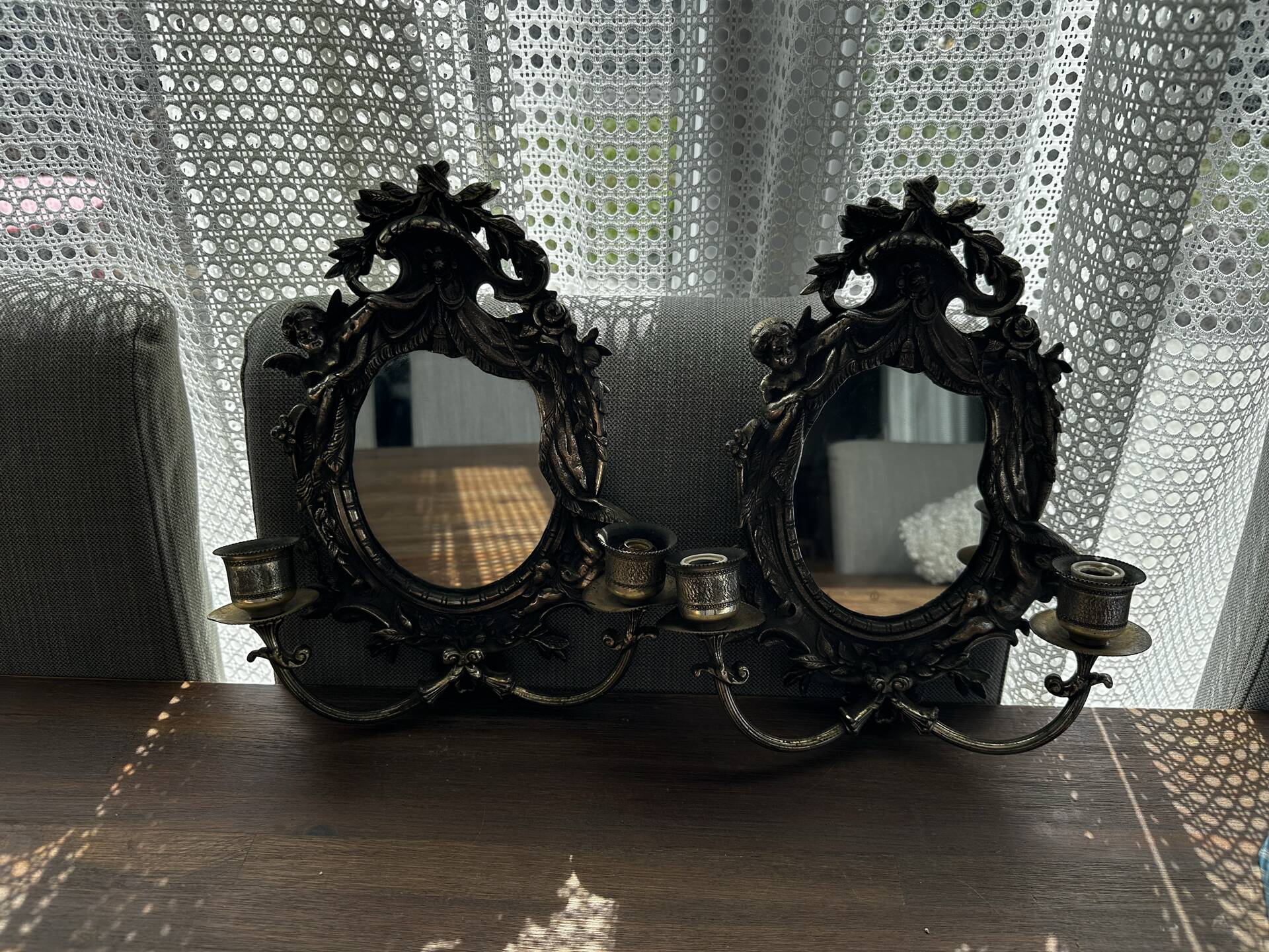 Rare pair of mirror sconces with putti. Napoleon III / Art Nouveau ~