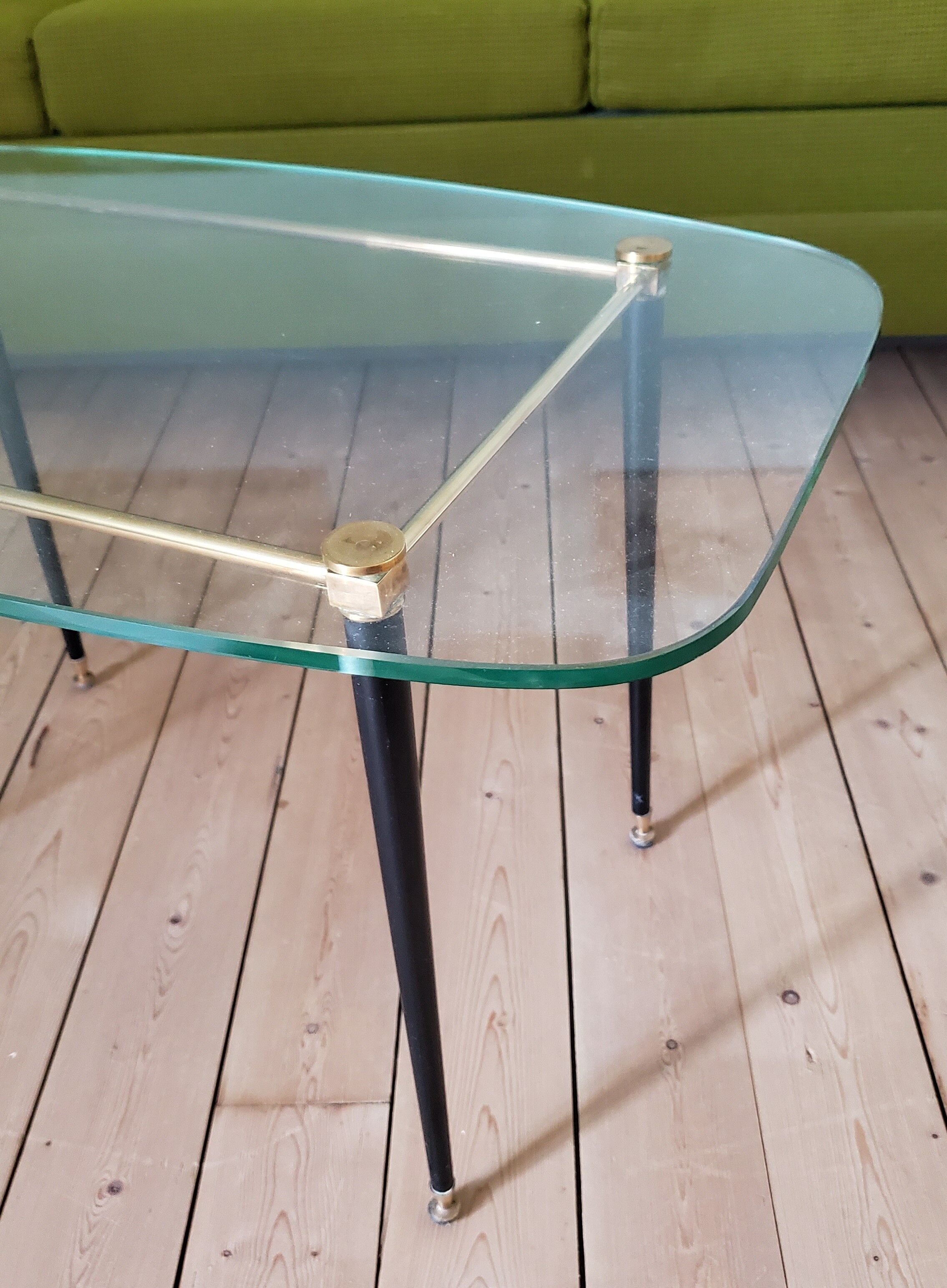 60's glass, metal and brass coffee table