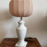 White ceramic table lamp with pastel shade