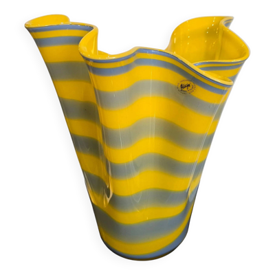 Vase en verre soufflé Alicja – Rayures jaunes et grises – Forme libre – H.31 cm