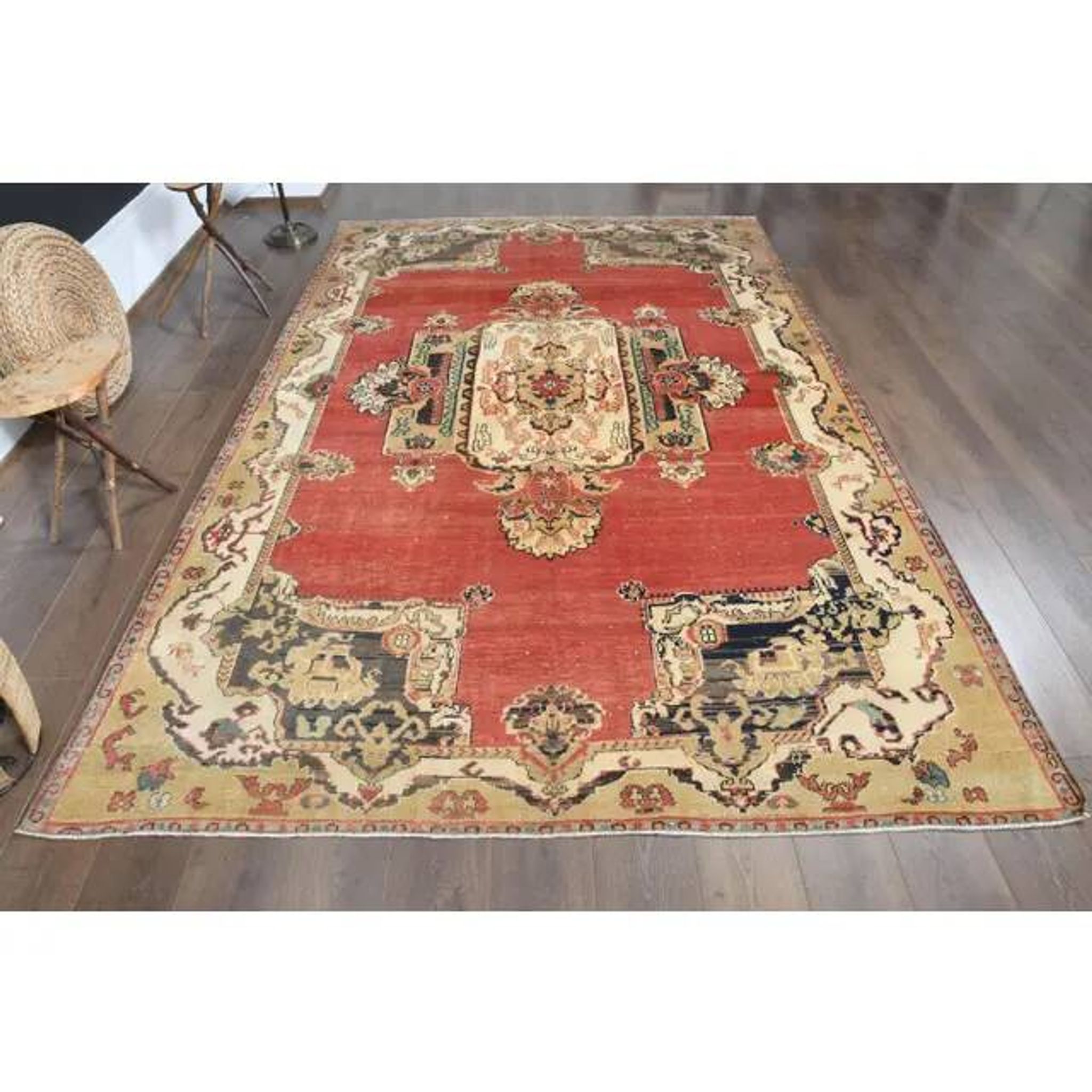 1970s Vintage Turkish Handmade Wool Red Oversized Area Rug 210x318