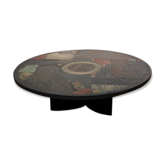 Table low brutalist ceramic & brass Paul Kingma1970s artwork