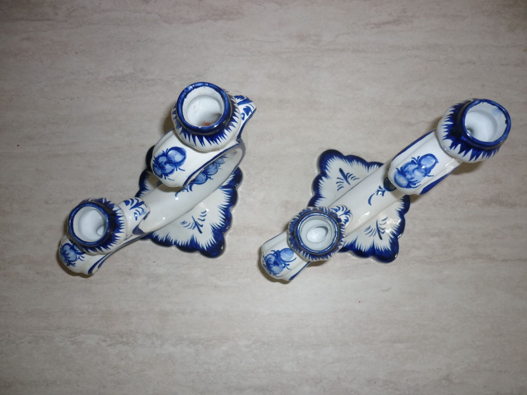 Pair of 2-pointed ceramic candlesticks from Portugal