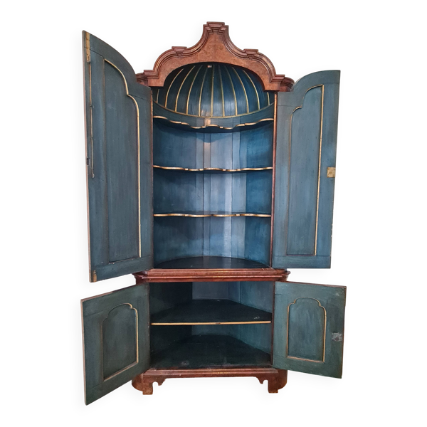 Armoire hollandaise d’angle ancienne en loupe – cabinet 2 corps XIXe