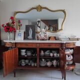 Louis XVI style sideboard in inlaid rosewood and large gilded mirror style between Louis XV and XVI