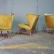 Trio de chauffeuses à oreilles wing chair danoise Elias Svedberg années 50/60 jaune vert