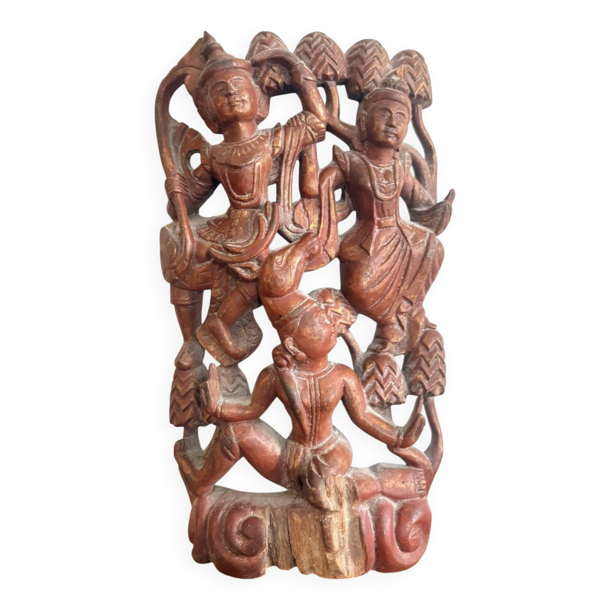 Ancient Carved Wall Panel Deity Wood Thailand Burma Myanmar