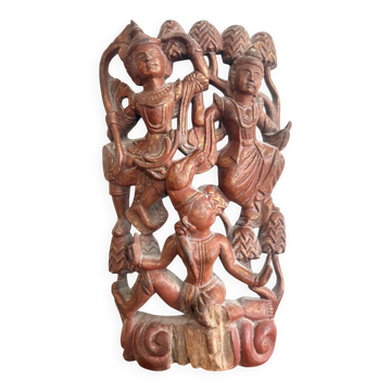 Ancient Carved Wall Panel Deity Wood Thailand Burma Myanmar
