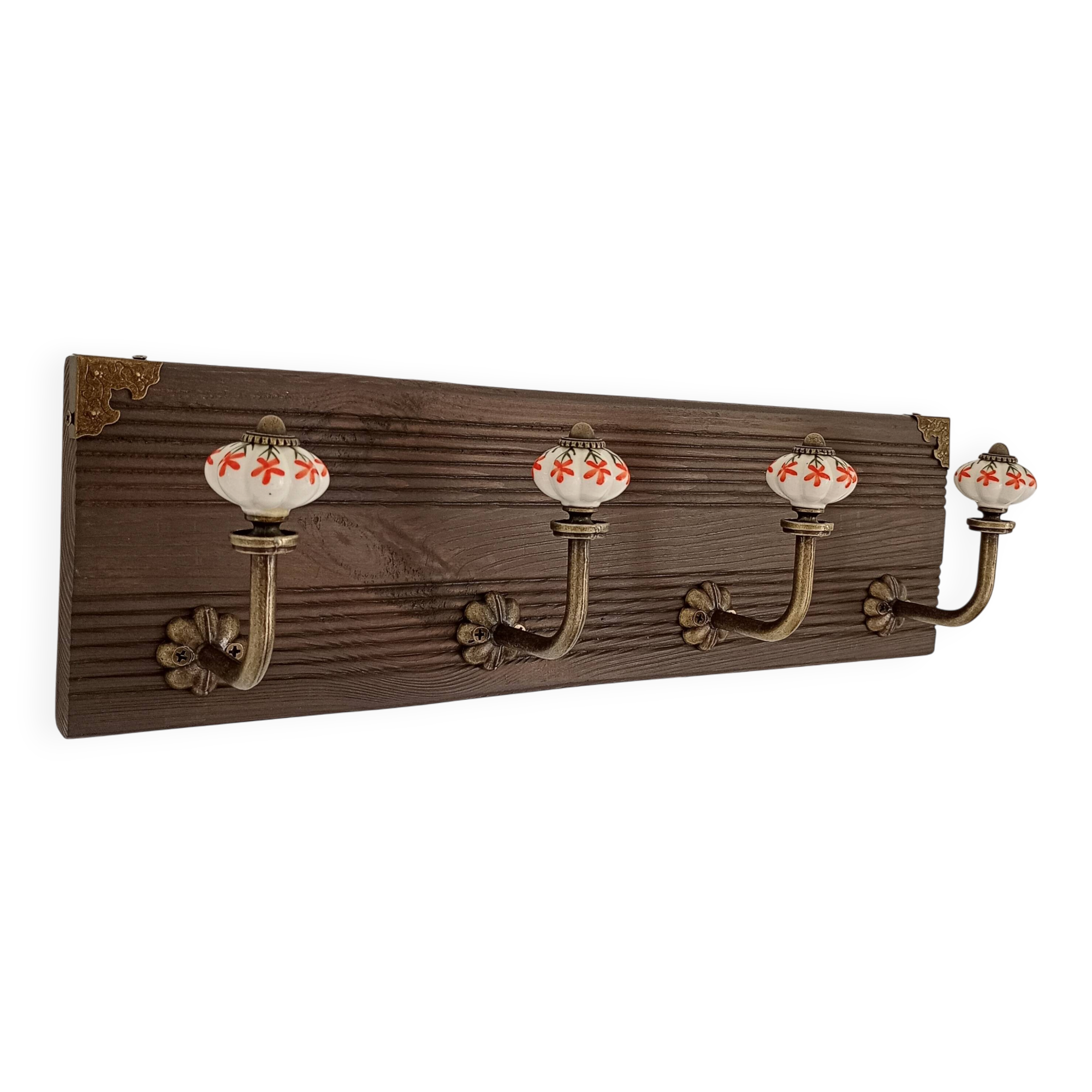 Wall-mounted coat rack wood metal ceramic 40 cm 4 hooks floral patterns
