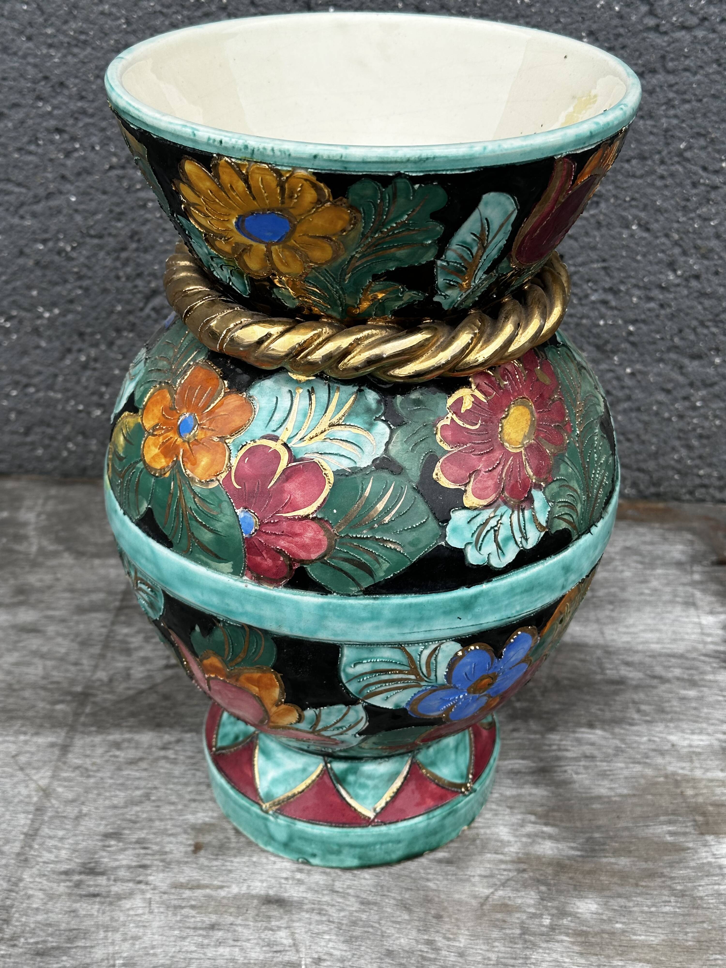 Vallauris vase signed JTF AC - Floral decoration - H 30 cm