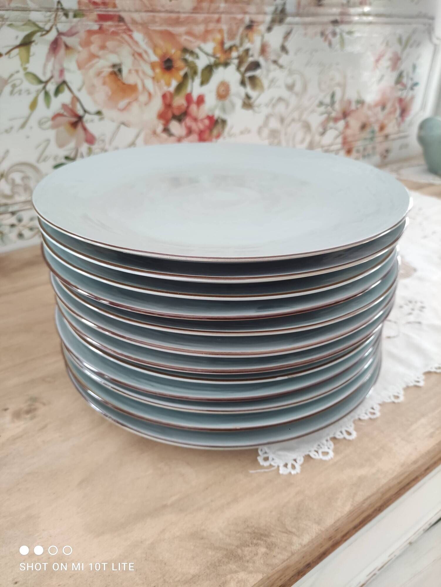 Set of 12 terracotta dinner plates enameled in green cecina