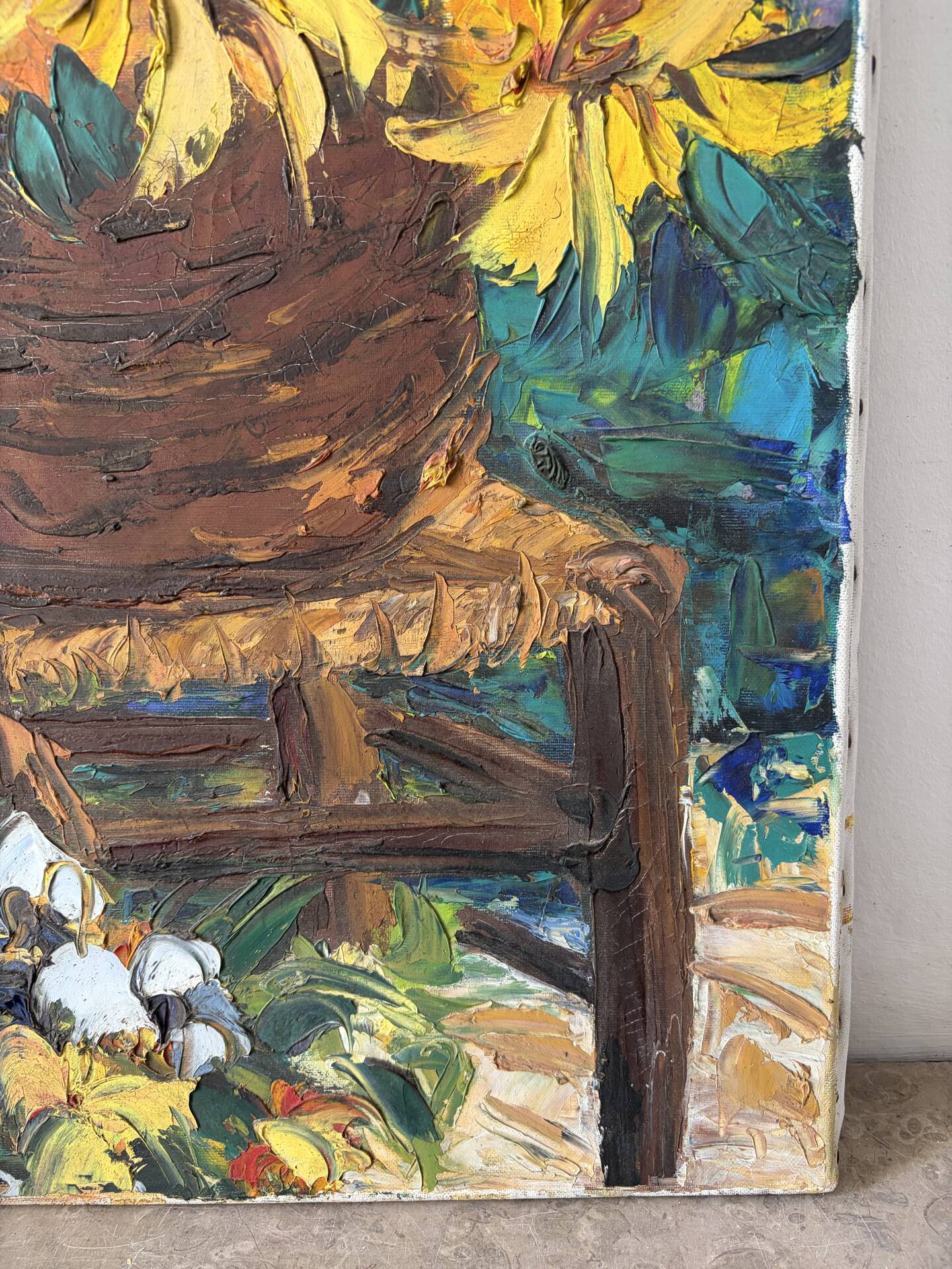 Basket of sunflowers, knife oil
