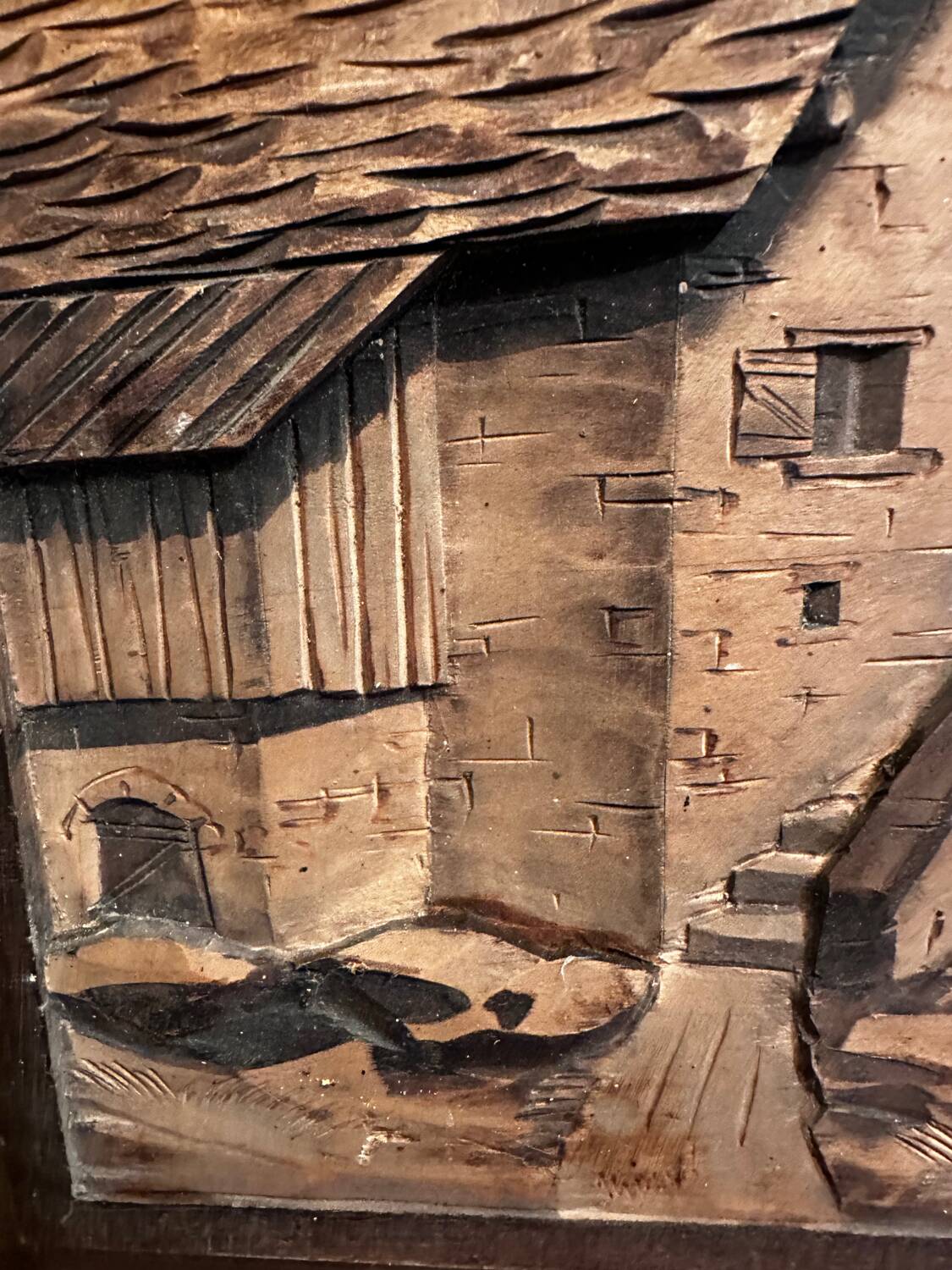 Tableau Alpin vintage années 50 - Sculpté et Pyrogravé - Ambiance Chal