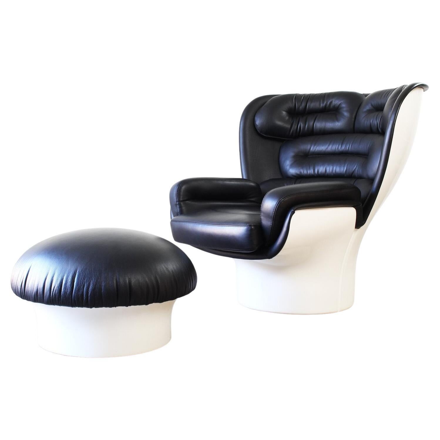Joe Colombo Elda Chair + Ottoman in Black Leather and White Fiberglass Shell