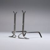 Pair of modernist brushed steel andirons, 1970s