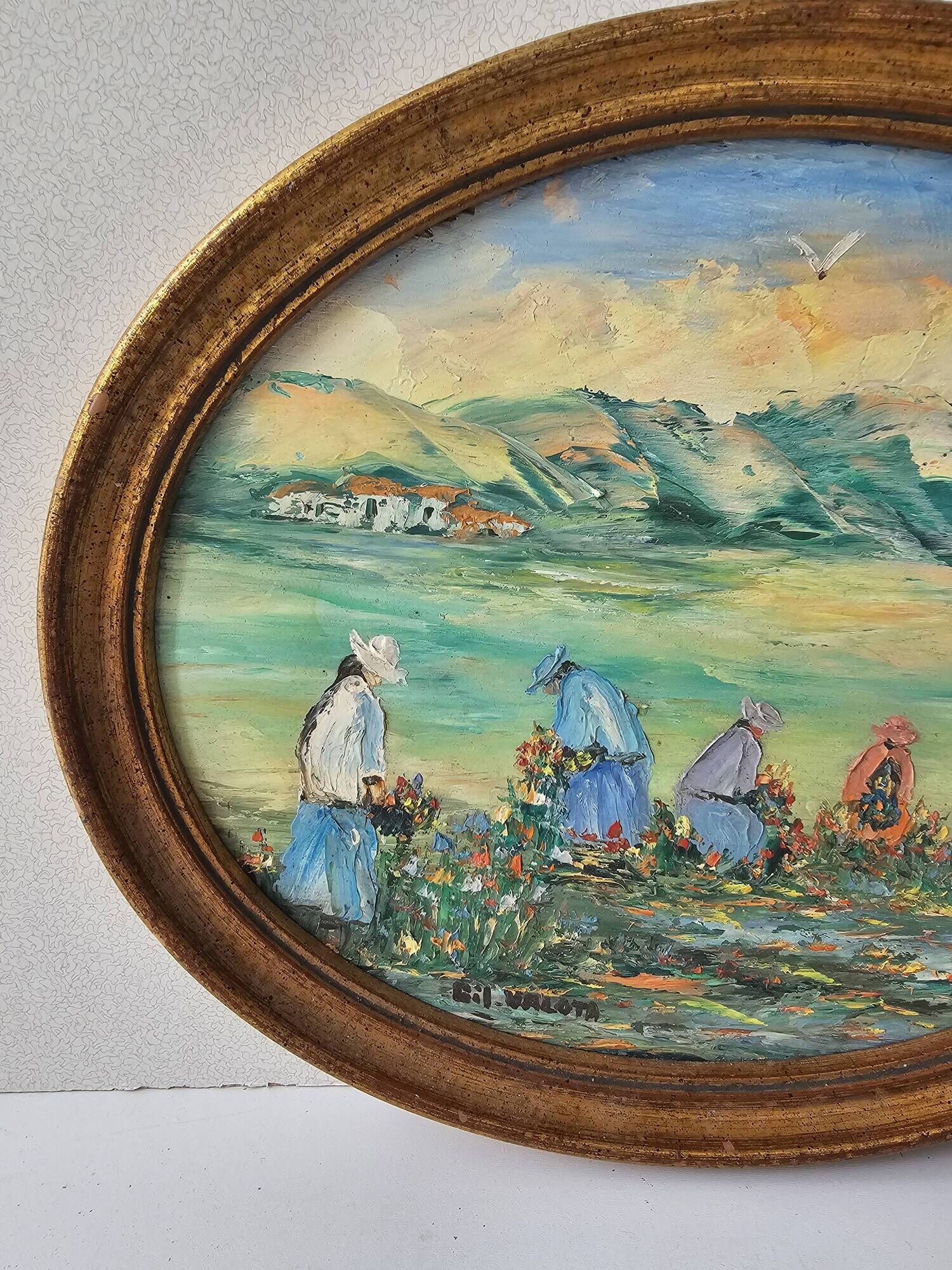 Oil Painting on Panel Landscape Flower Picking Pyrenees Gil Valota
