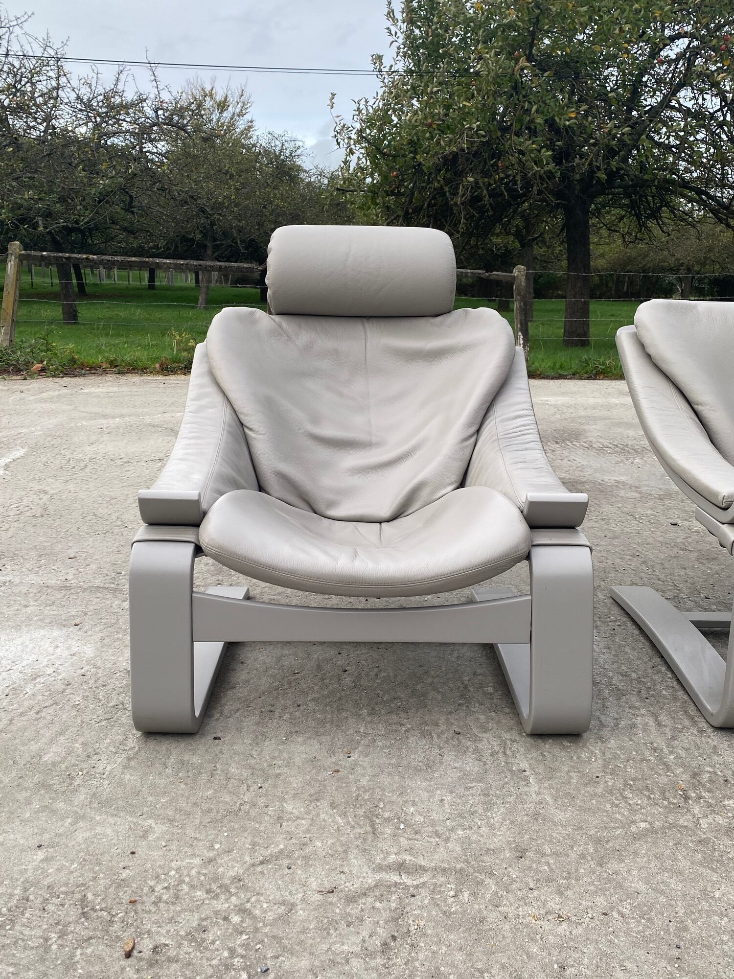 Pair of vintage grey leather armchairs by Ake Fribytter 1970