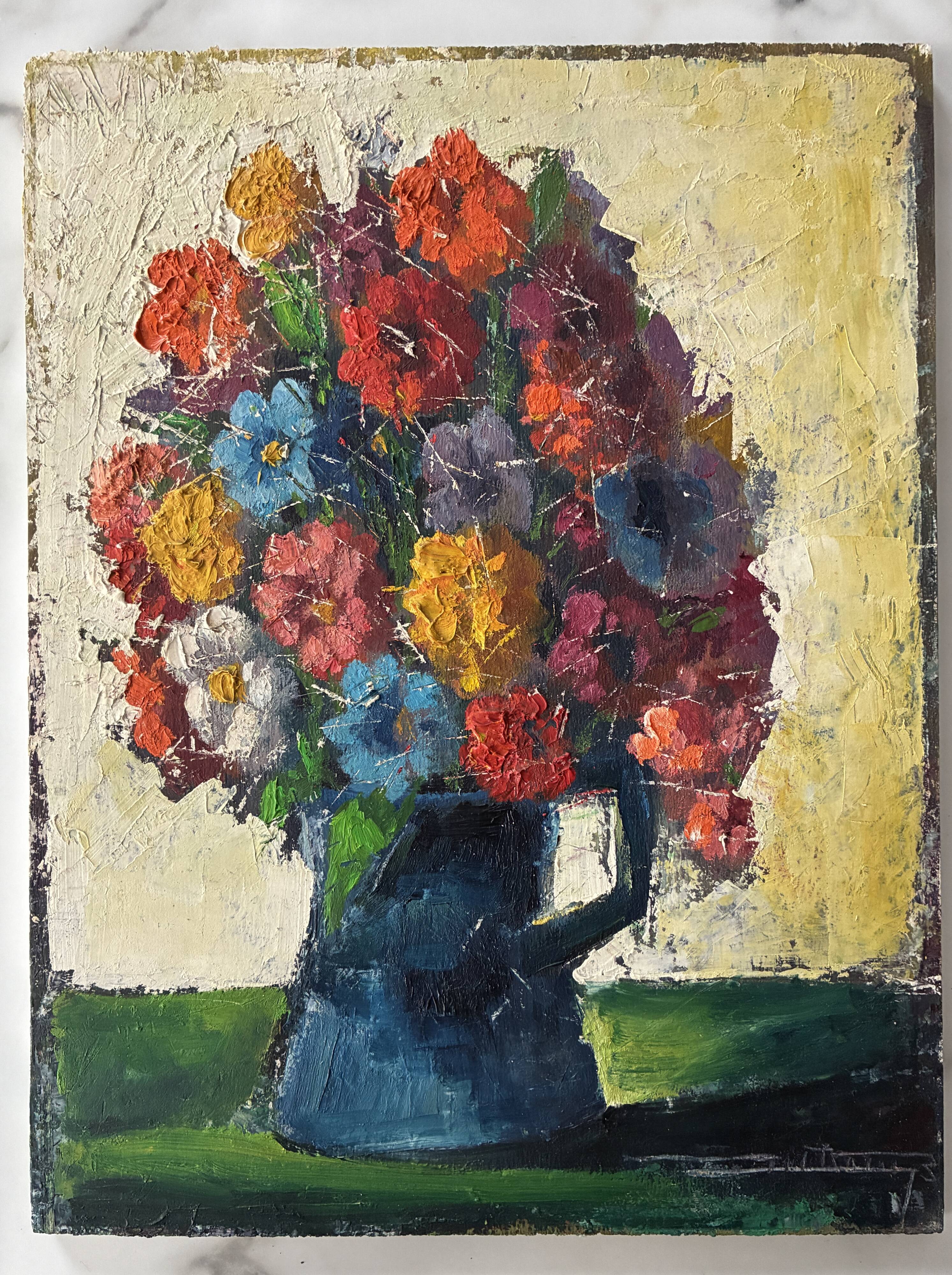 Small acrylic painting with a knife, bouquet of flowers.