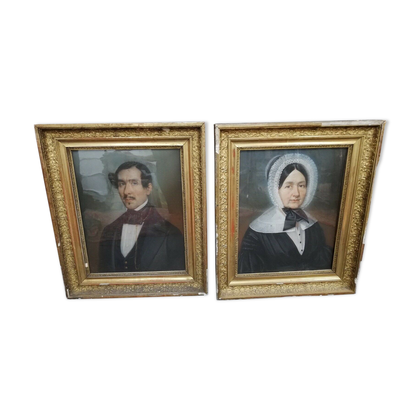 Paire de portraits l'homme & la femme dessin XIXe