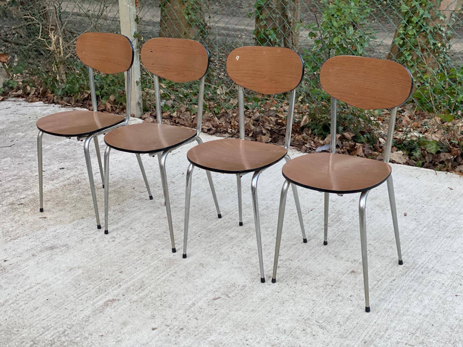4 brown formica kitchen chairs with wood effect