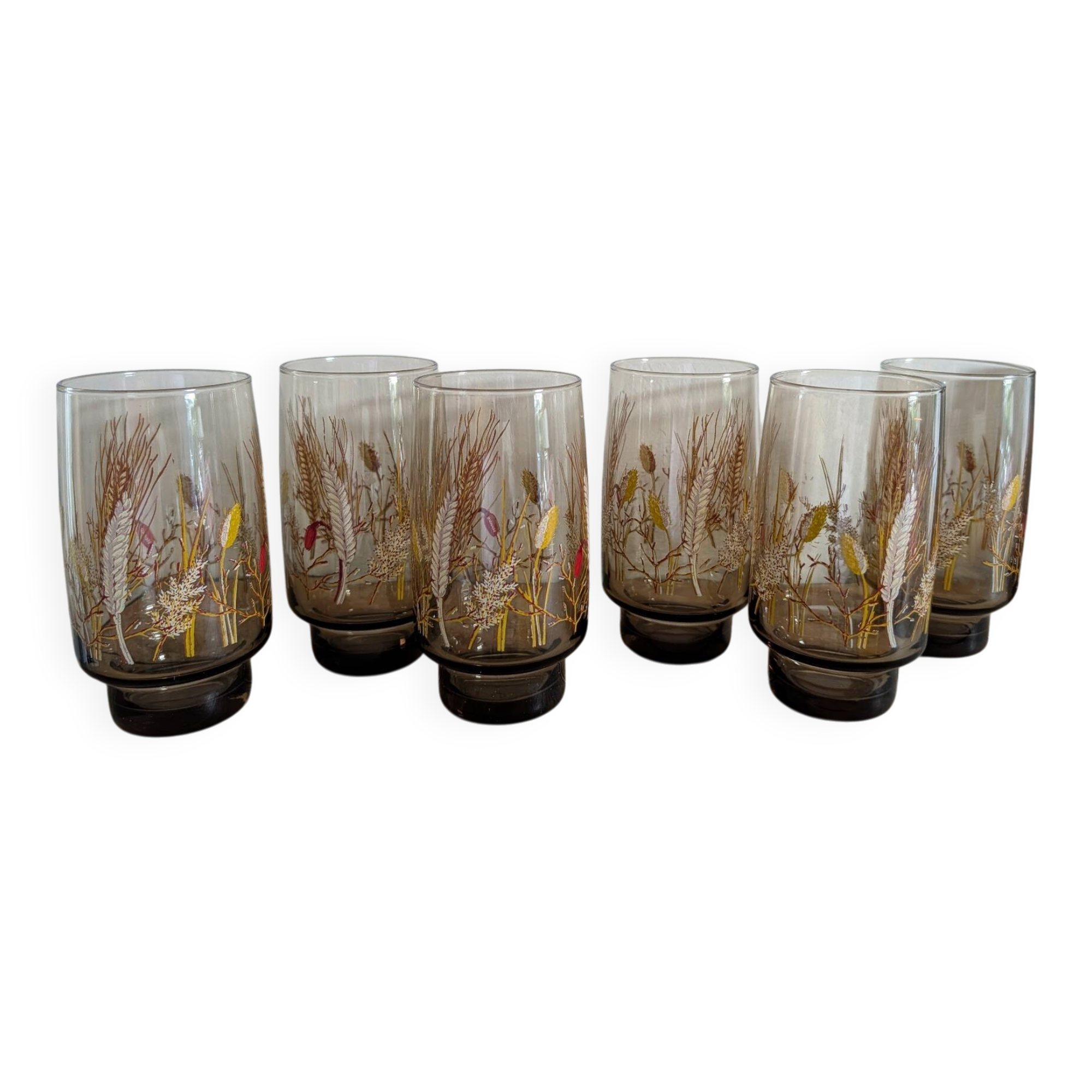 6 verres ambrés décor champêtre, années 1970