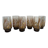 6 amber glasses with a country-style decoration, 1970s