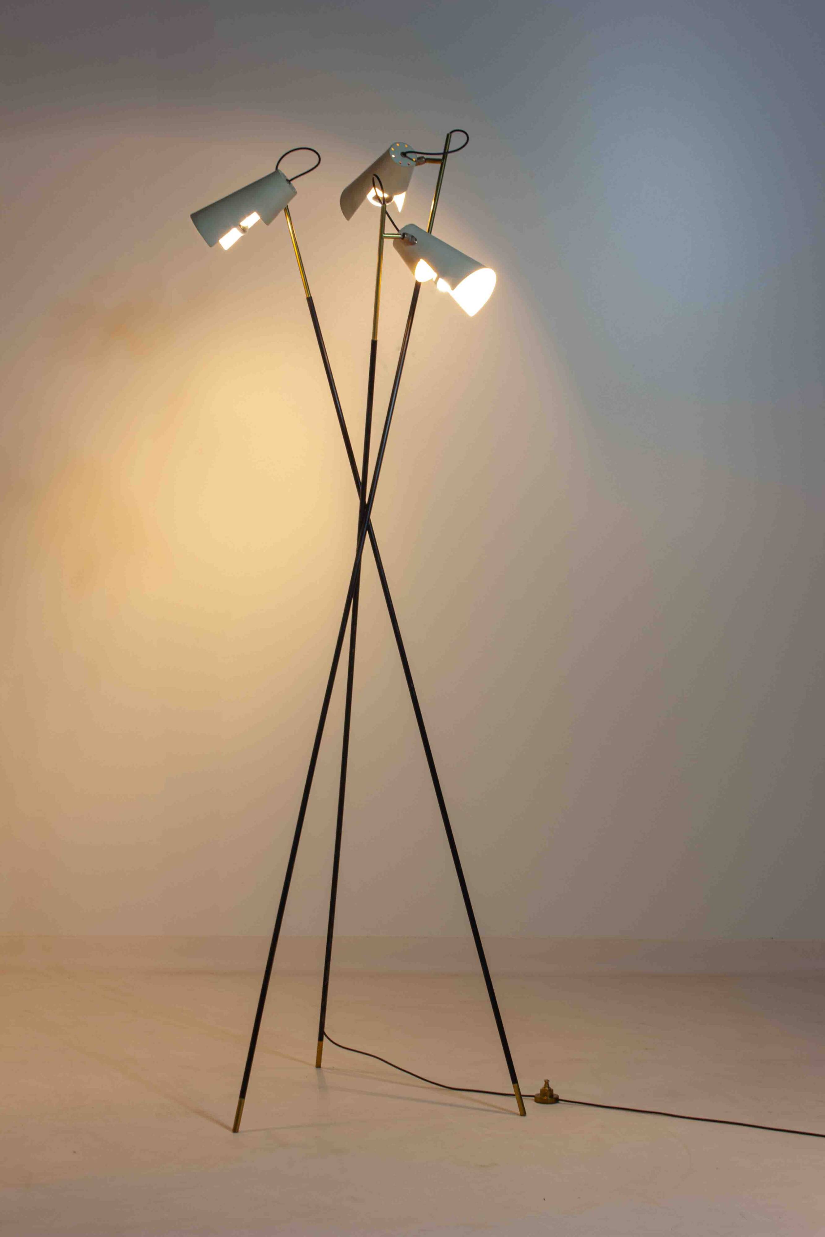 Unique tripod floor lamp by Stilnovo with white shades, Italy 1960s