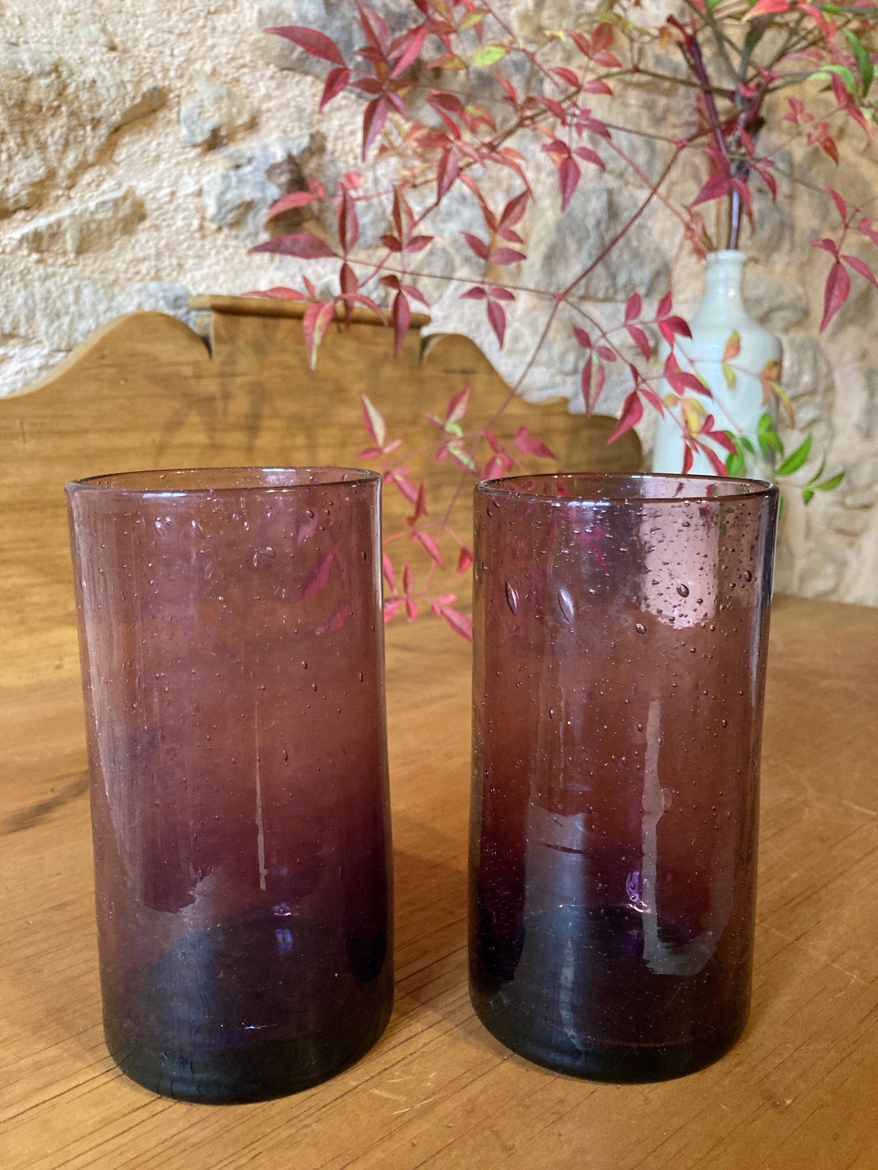 Water glasses, purple bubbled glass, Biot region