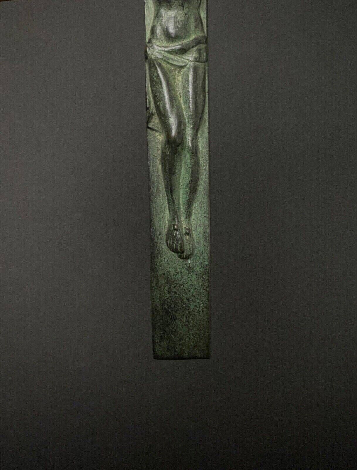 20th century bronze crucifix with green patina in the style of the Haute Epoque