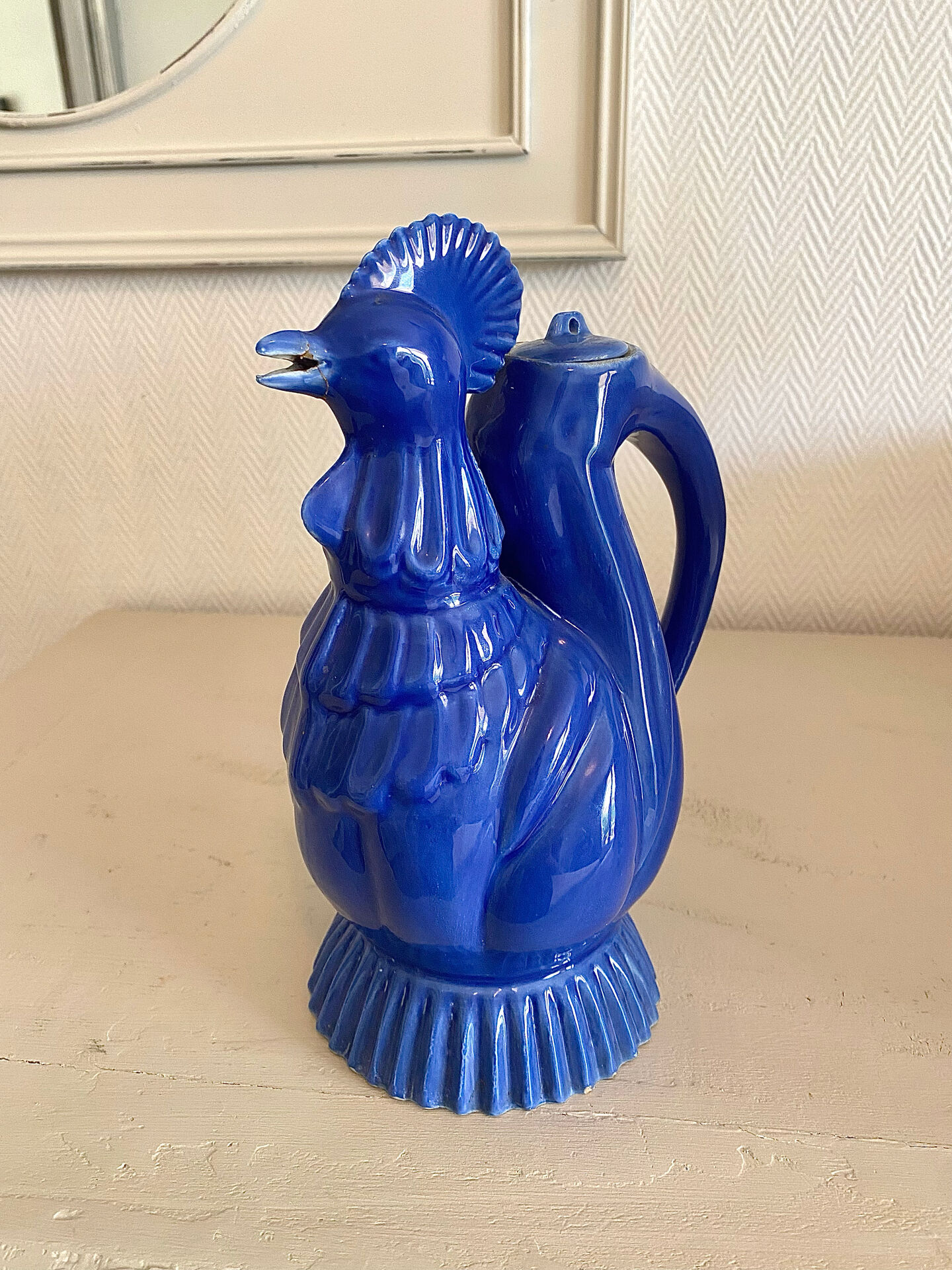 Ancienne verseuse coq bleu cobalt
