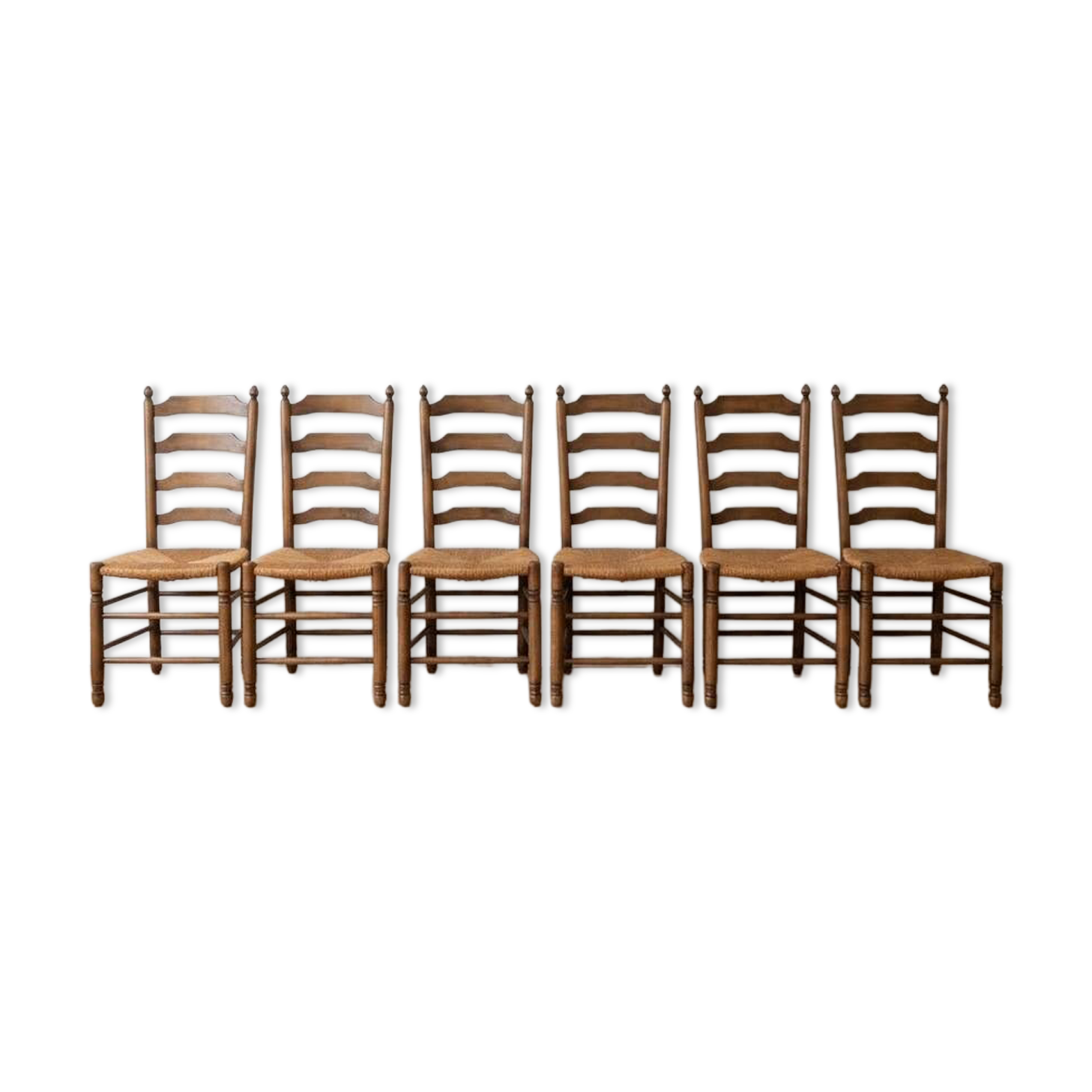 Set of 6 antique cherry wood chairs in ladder style.
