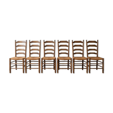Set of 6 antique cherry wood chairs in ladder style.