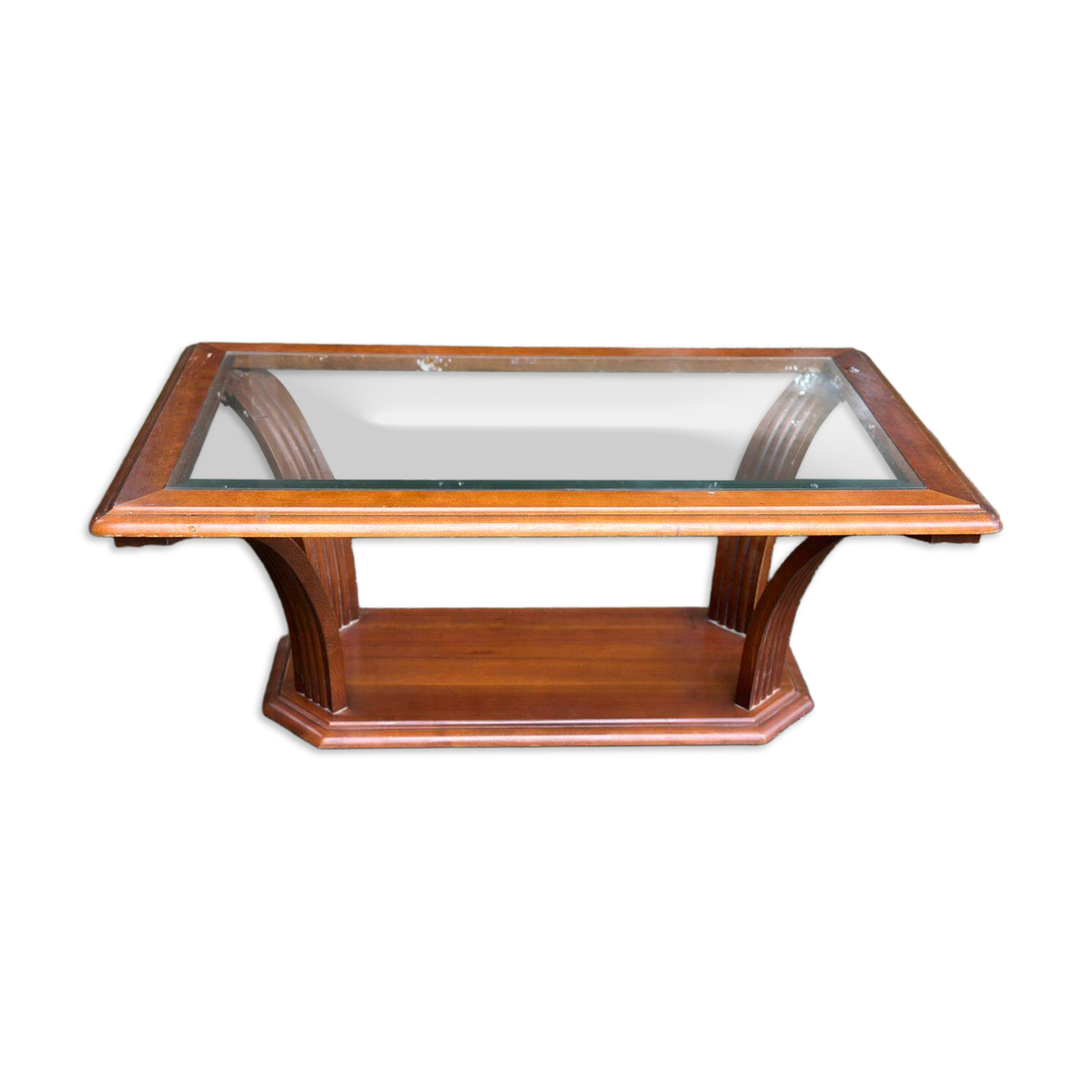 Table basse vintage en bois massif et verre