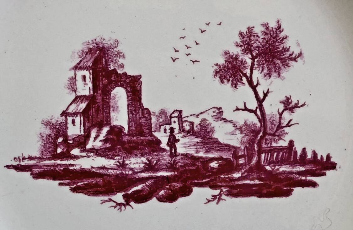 4 old Gien soup plates, pink landscape pattern, 1938/1960