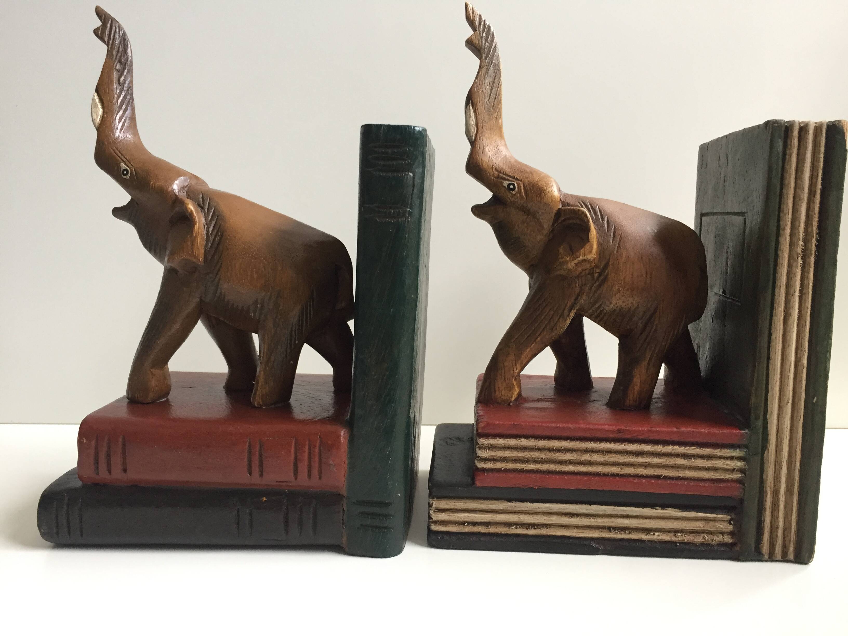 Pair of vintage carved wooden elephant bookends