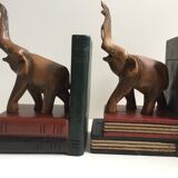 Pair of vintage carved wooden elephant bookends