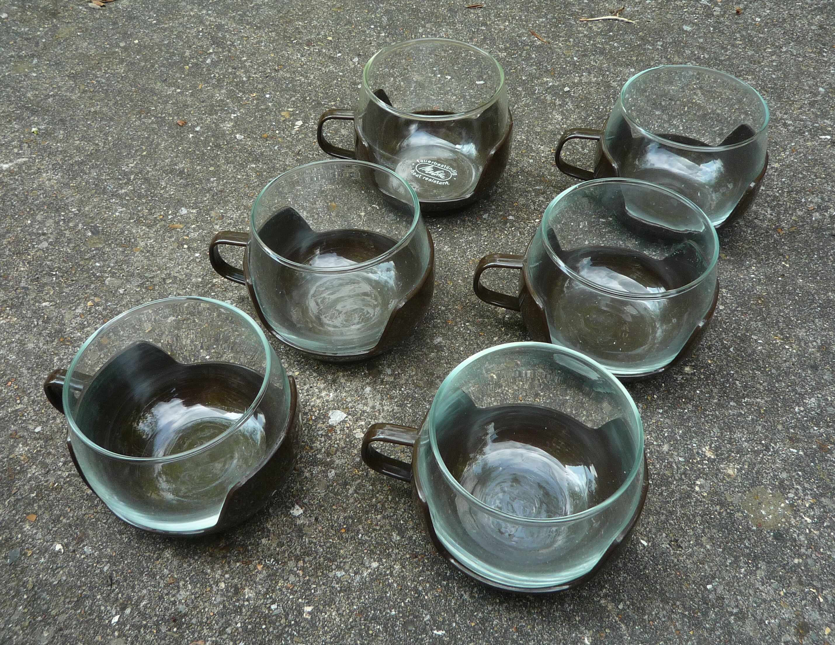 6 Melika coffee cups, brown glass and plastic, vintage 1970s
