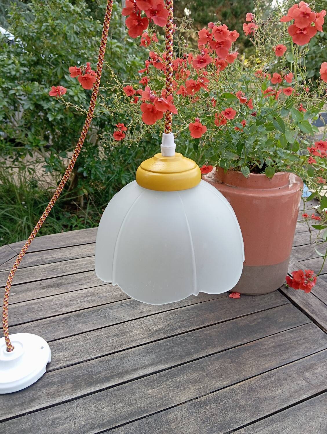 Vintage white frosted corolla glass pendant light, orange pixel cord