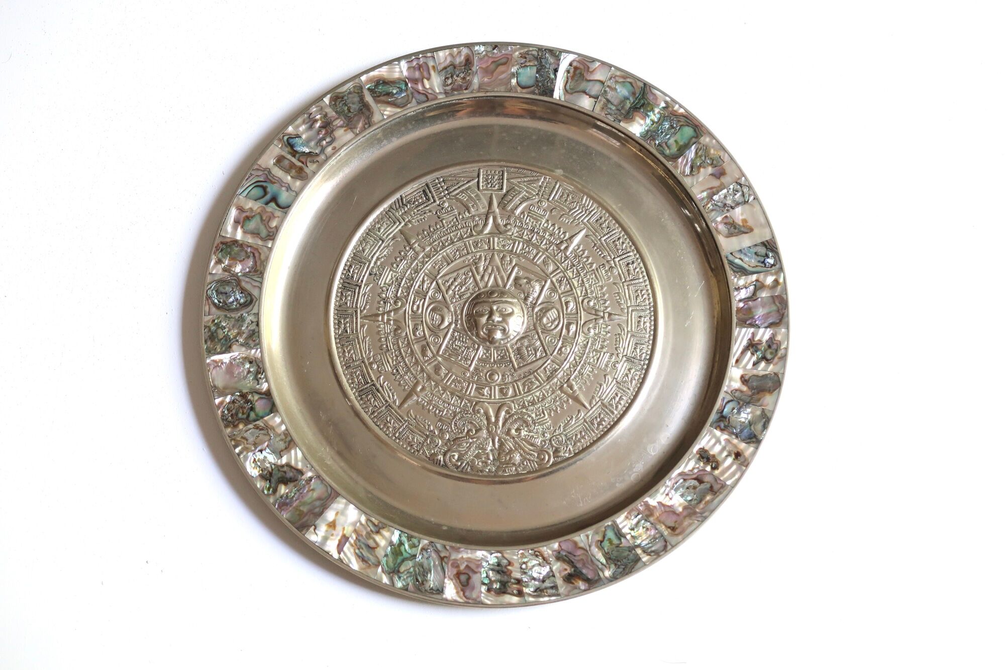 Mexican wall dish in silver metal and mother-of-pearl, 70s