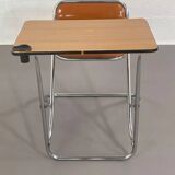 Vintage folding school desk with faux leather seat