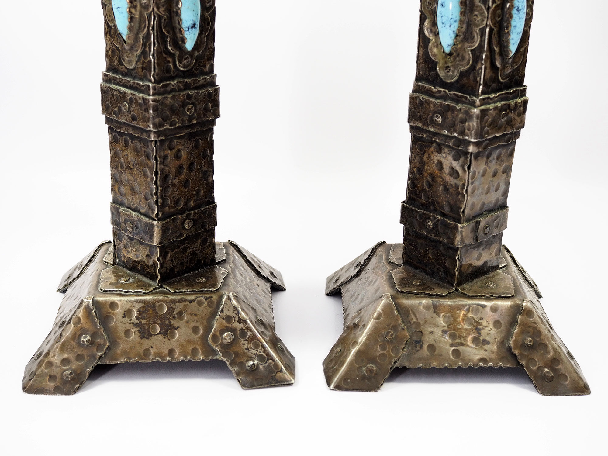 Arts and Crafts Style Forged Metal and Turquoise Glass Candlesticks