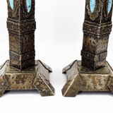 Arts and Crafts Style Forged Metal and Turquoise Glass Candlesticks