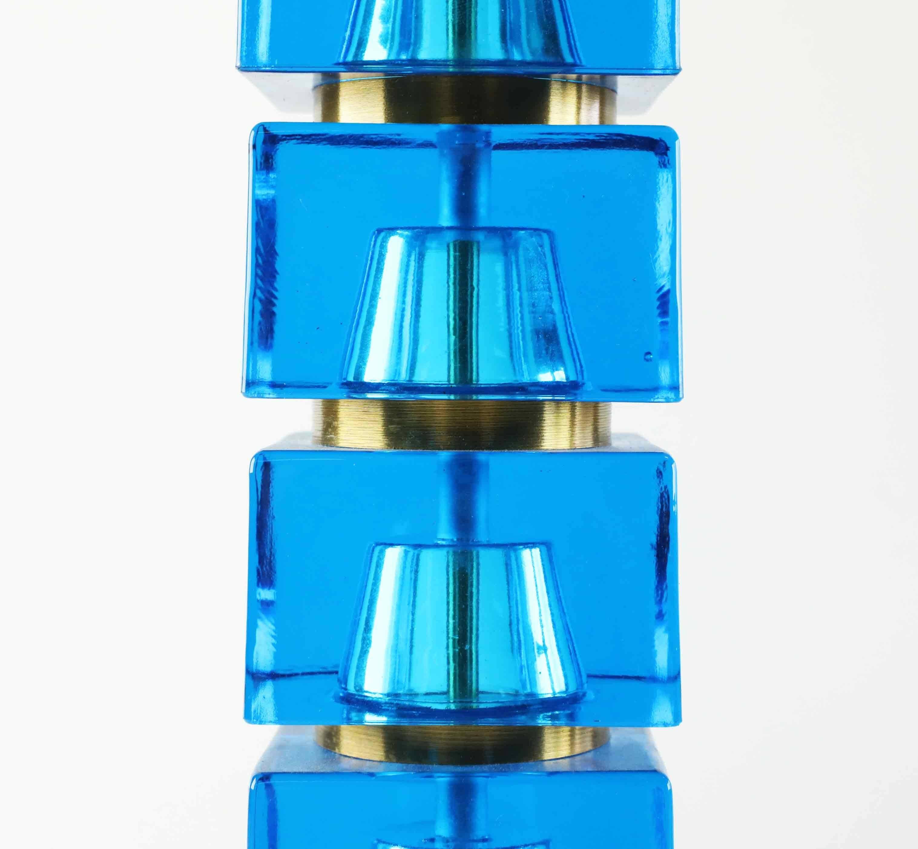 Carl Fagerlund table lamp for Orrefors blue glass and brass Sweden 1960