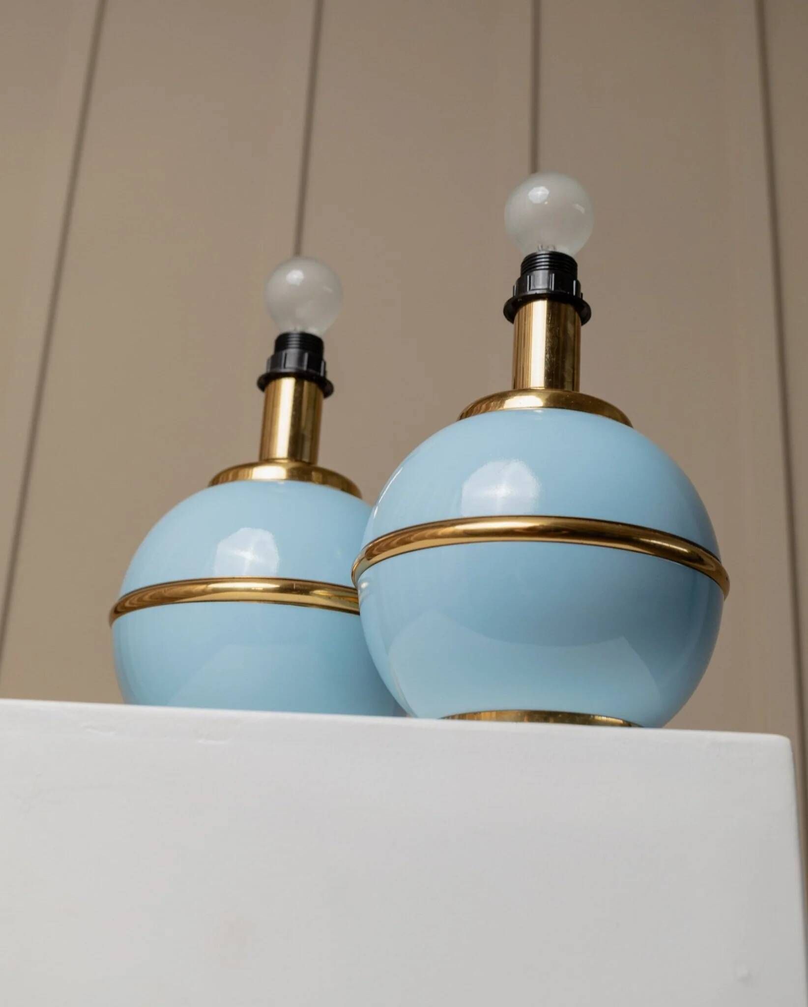Set of 2 Light-Blue Ceramic Table Lamps with Gold Trim Italy 1980s Hollywood Regency Style