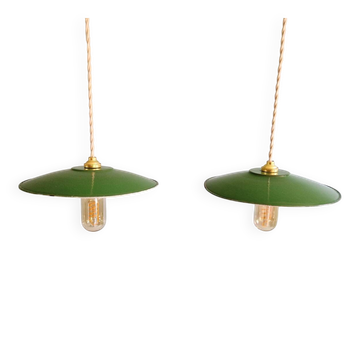 A pair of industrial suspensions in green enamelled sheet metal.