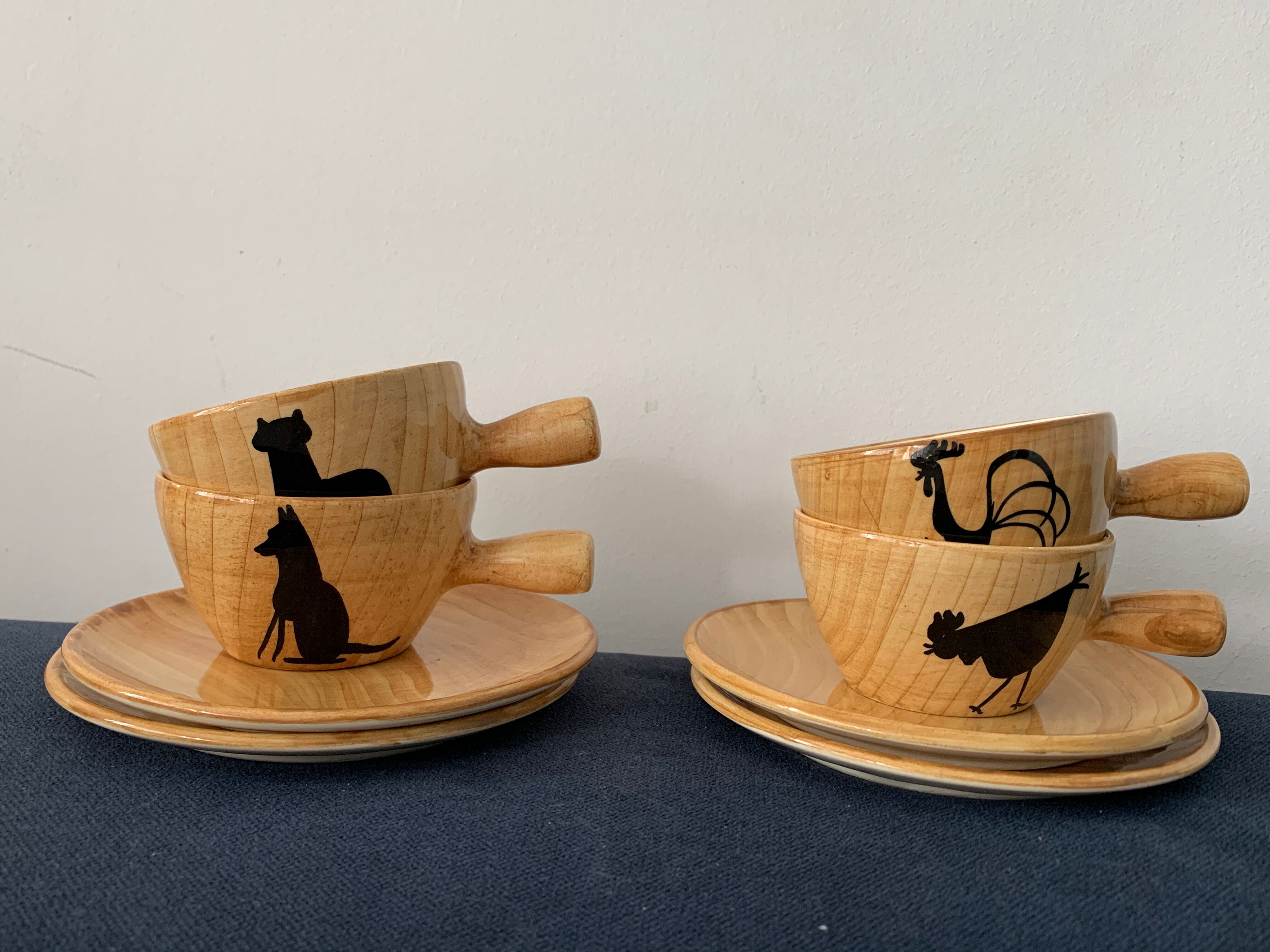 4 coffee cups and 4 sub cups zoomorphic ceramic animals Grandjean Jourdan Vallauris 1950