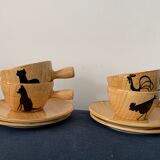 4 coffee cups and 4 sub cups zoomorphic ceramic animals Grandjean Jourdan Vallauris 1950
