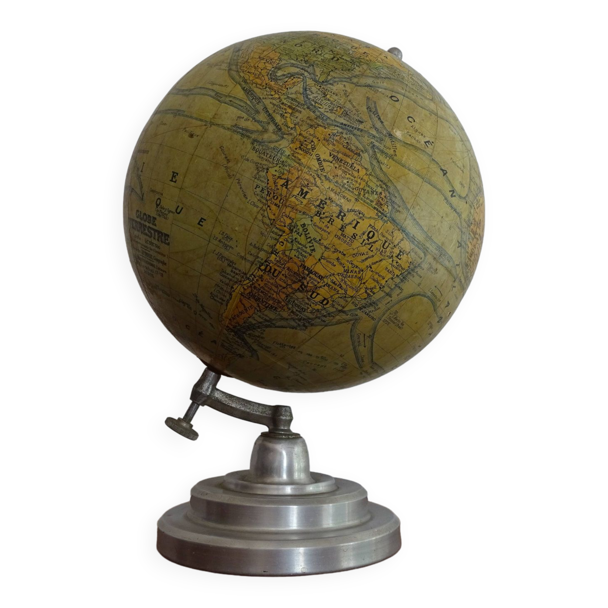 Terrestrial globe boiled cardboard J.Forest Girard Barrère & Thomas Ø 19.5 aluminum base